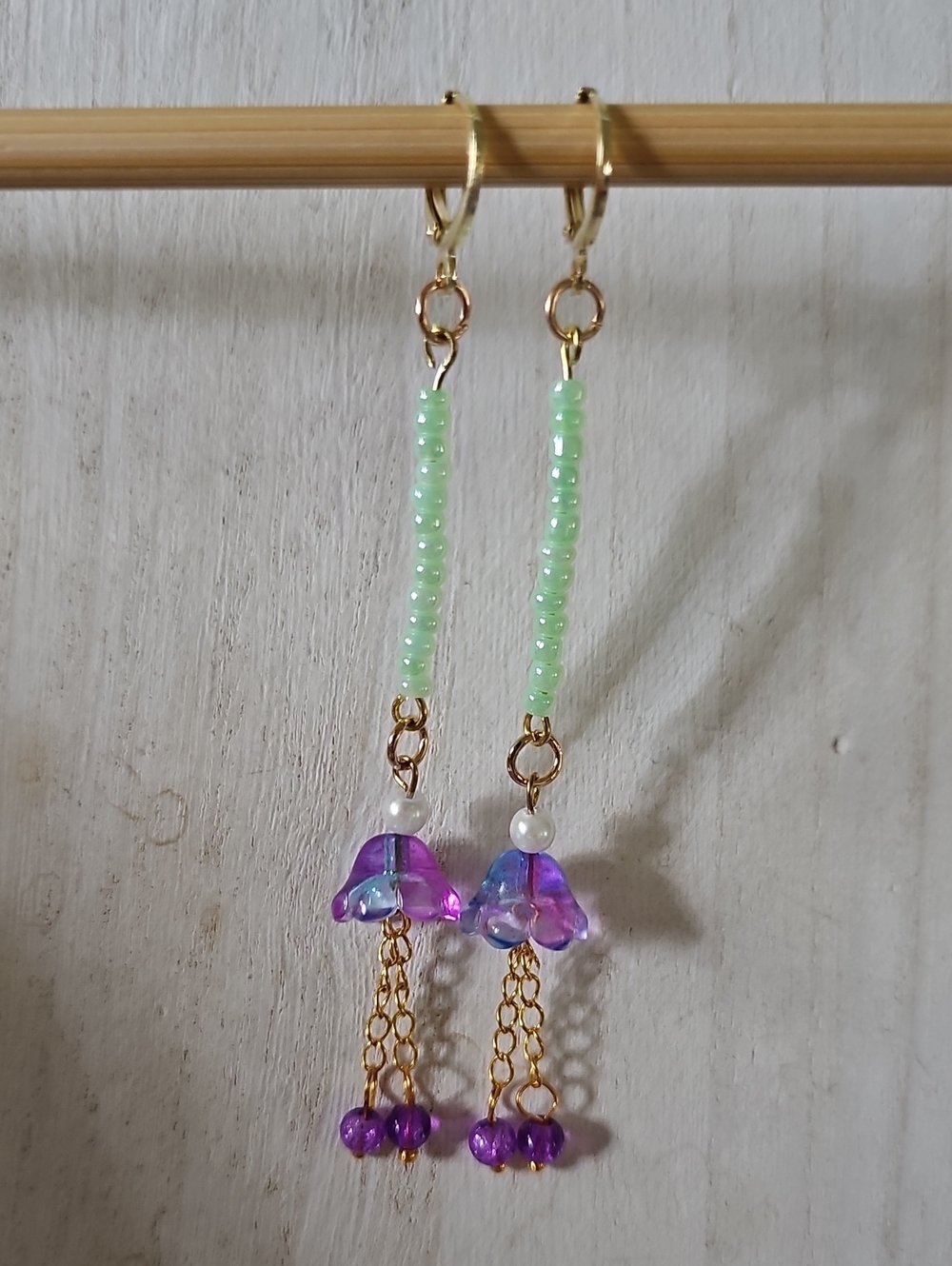 Beaded Earrings with Purple Flower Charms